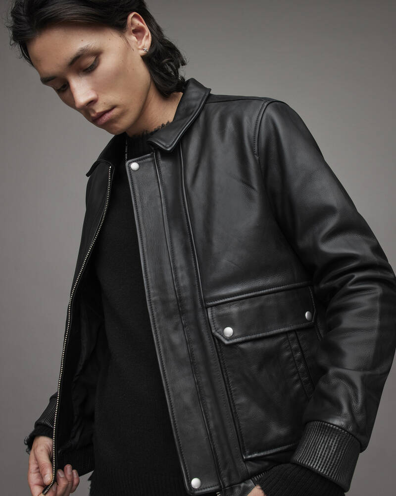 Black Allsaints Hart Leather Aviator Jacket | ML015X-5