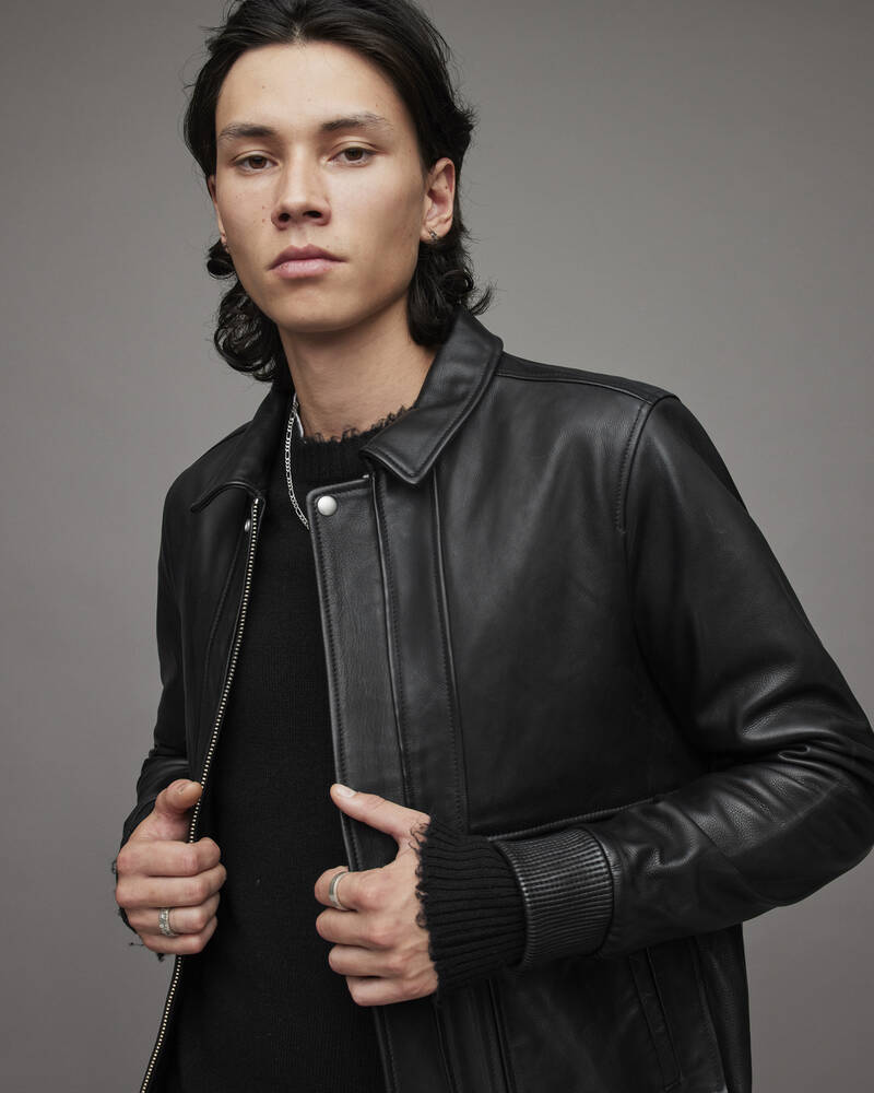 Black Allsaints Hart Leather Aviator Jacket | ML015X-5