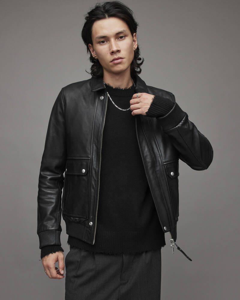 Black Allsaints Hart Leather Aviator Jacket | ML015X-5