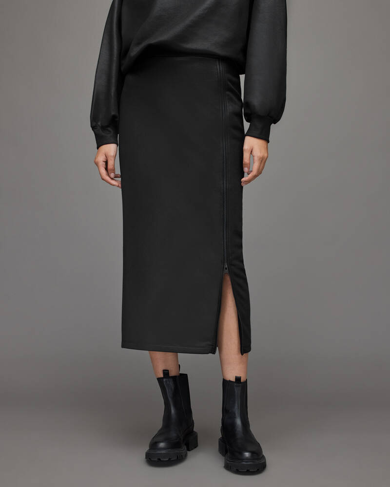 Black Allsaints Jamie Coated Midi Skirt | WS059X-5