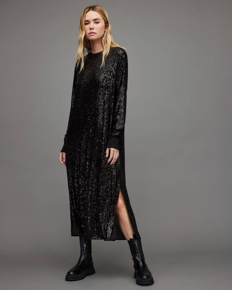 Black Allsaints Juela Crew Sequin Midi Dress | WD281X-5