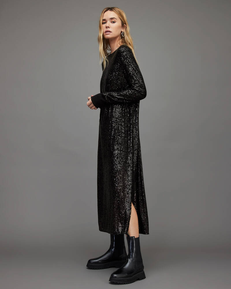 Black Allsaints Juela Crew Sequin Midi Dress | WD281X-5