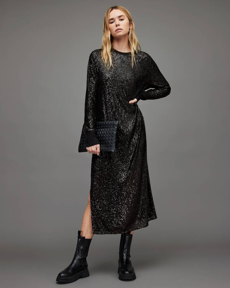 Black Allsaints Juela Crew Sequin Midi Dress | WD281X-5