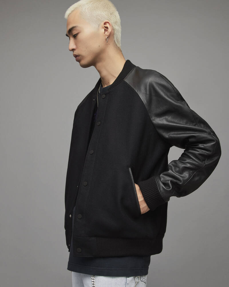 Black Allsaints Manta Leather Sleeved Bomber Jacket | ML026Y-5