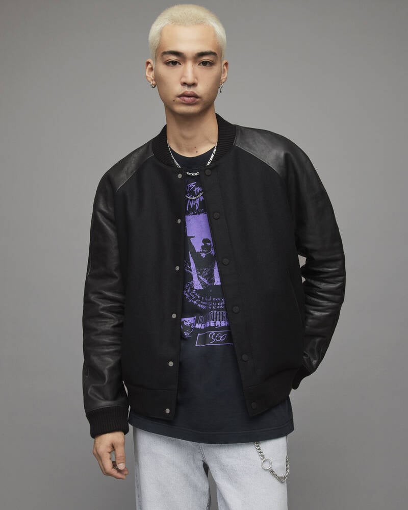 Black Allsaints Manta Leather Sleeved Bomber Jacket | ML026Y-5