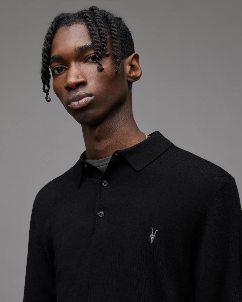 Black Allsaints Mode Merino Long Sleeve Polo Shirt | MK005D-5