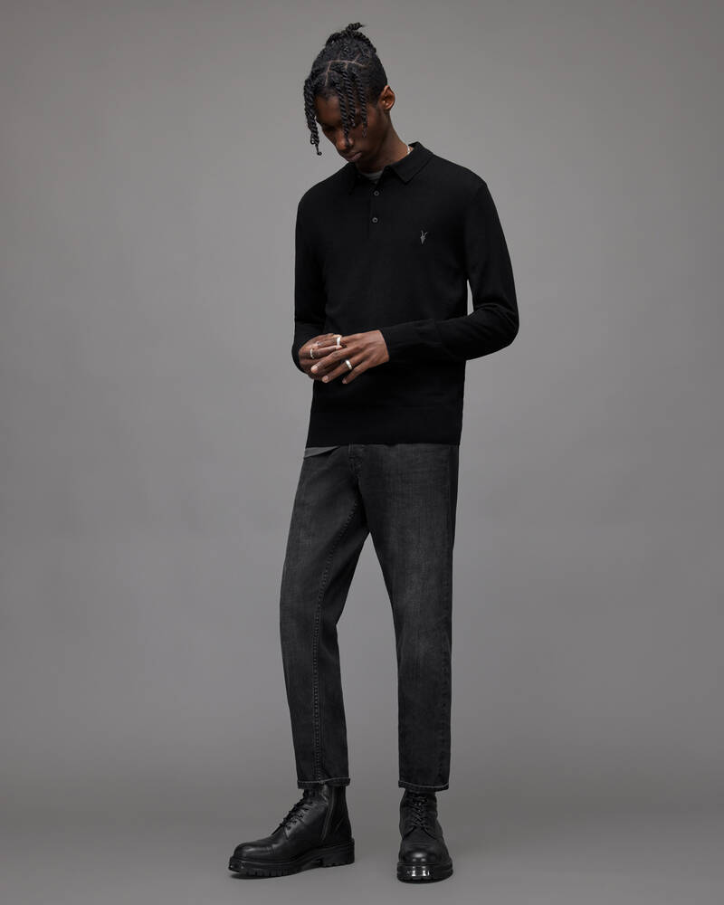 Black Allsaints Mode Merino Long Sleeve Polo Shirt | MK005D-5