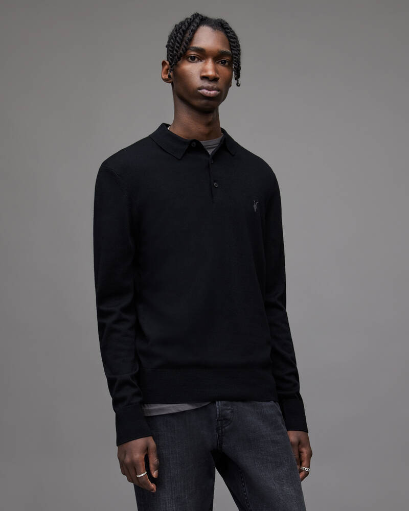 Black Allsaints Mode Merino Long Sleeve Polo Shirt | MK005D-5