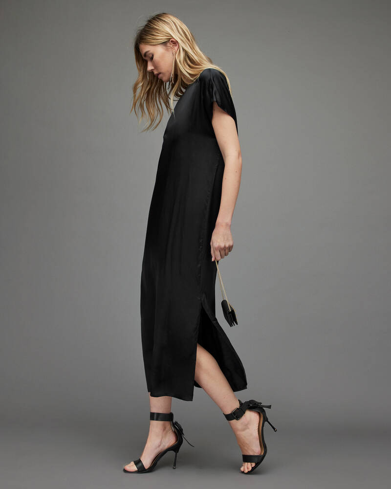 Black Allsaints Odette Silk Blend Midi Dress | WD089Y-5