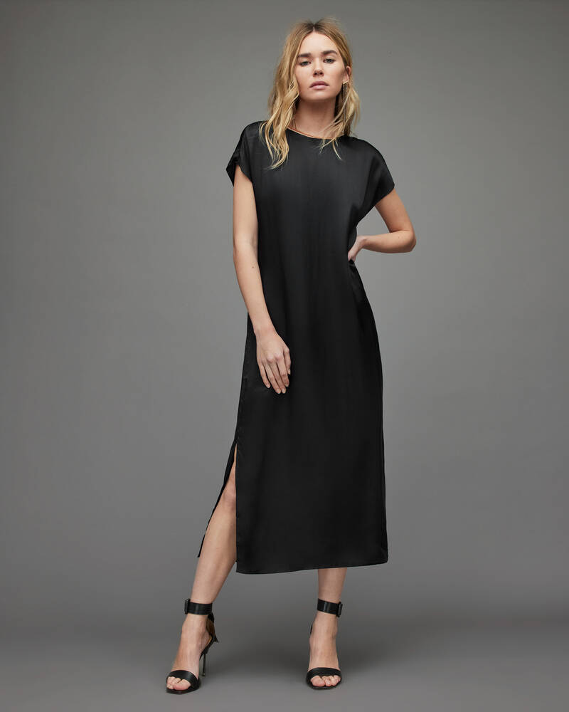 Black Allsaints Odette Silk Blend Midi Dress | WD089Y-5