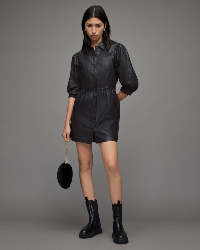 Black Allsaints Osa Leather Mini Dress | WL164X-5