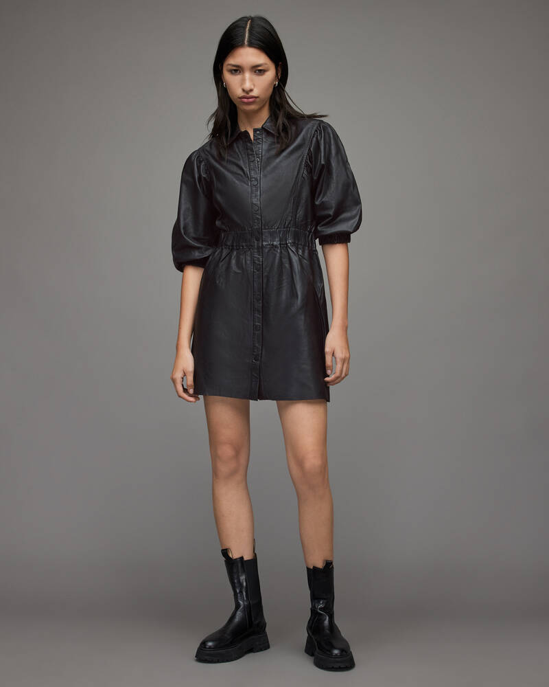 Black Allsaints Osa Leather Mini Dress | WL164X-5