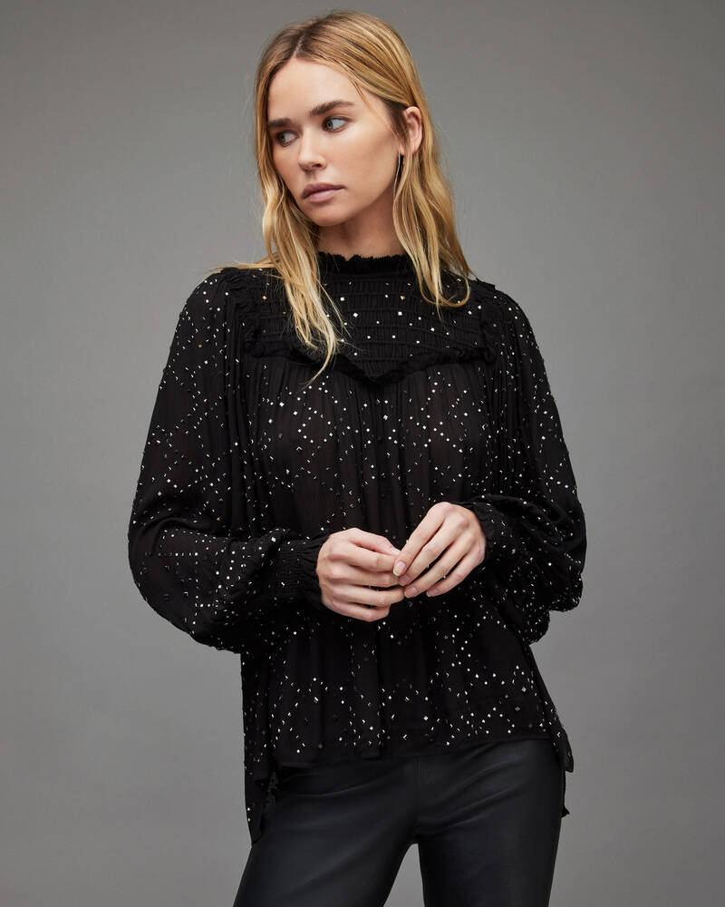 Black Allsaints Perri Tulle Sparkle Top | WM222X-5