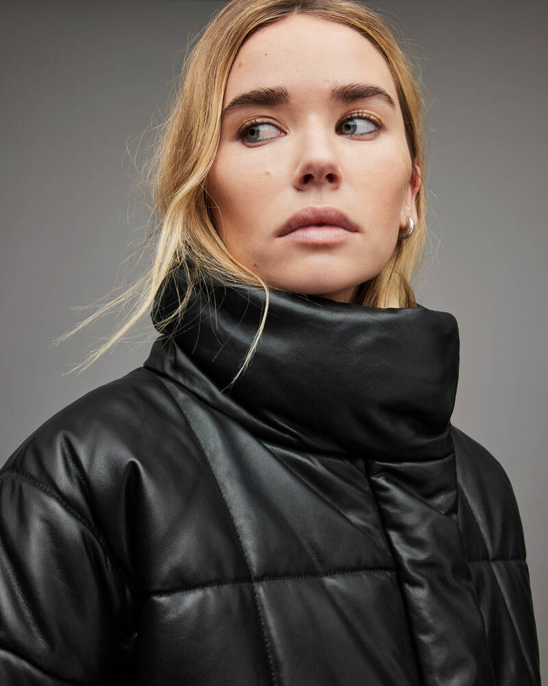 Black Allsaints Petra Leather Puffer Jacket | WL091X-5