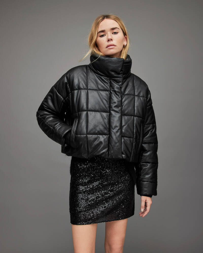 Black Allsaints Petra Leather Puffer Jacket | WL091X-5