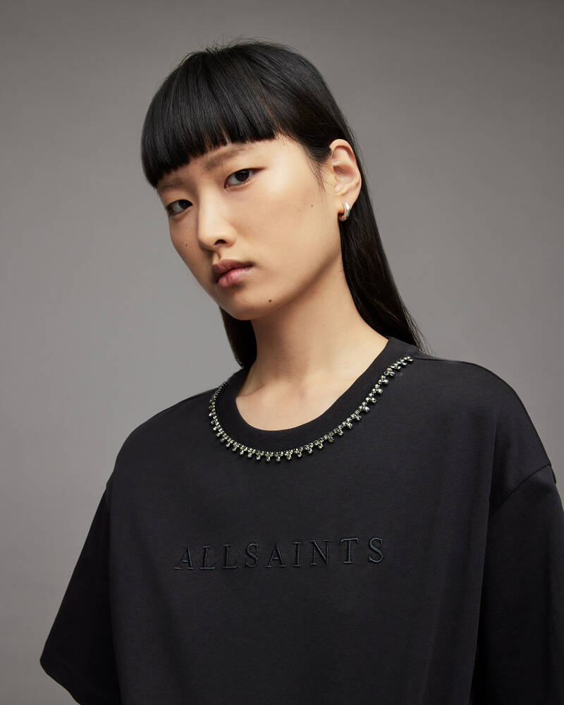 Black Allsaints Pippa Diamante Boyfriend T Shirt | WM126X-5