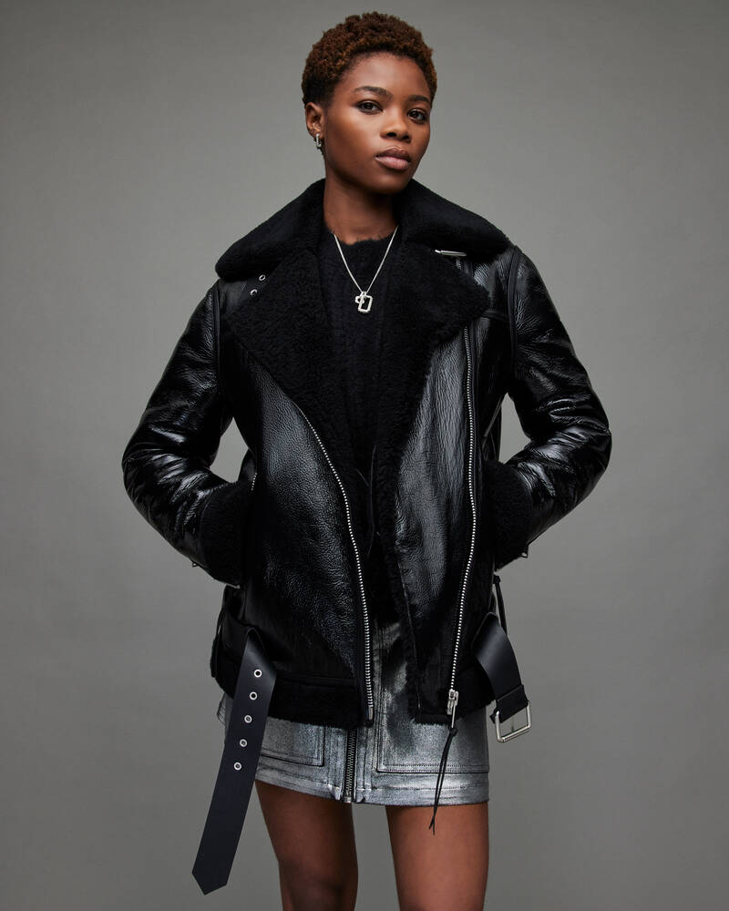 Black Allsaints Rei High Shine Shearling Jacket | WL141X-5