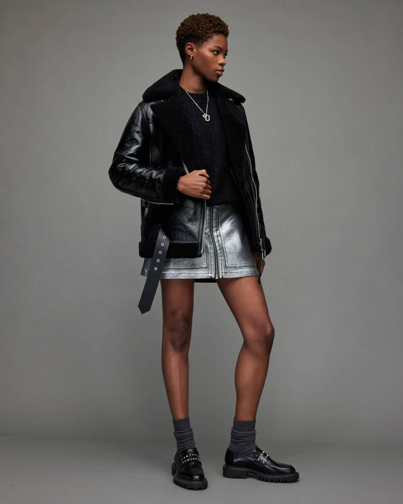 Black Allsaints Rei High Shine Shearling Jacket | WL141X-5