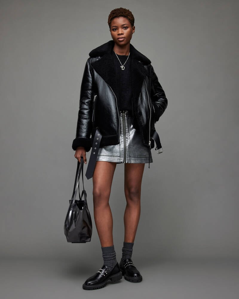 Black Allsaints Rei High Shine Shearling Jacket | WL141X-5