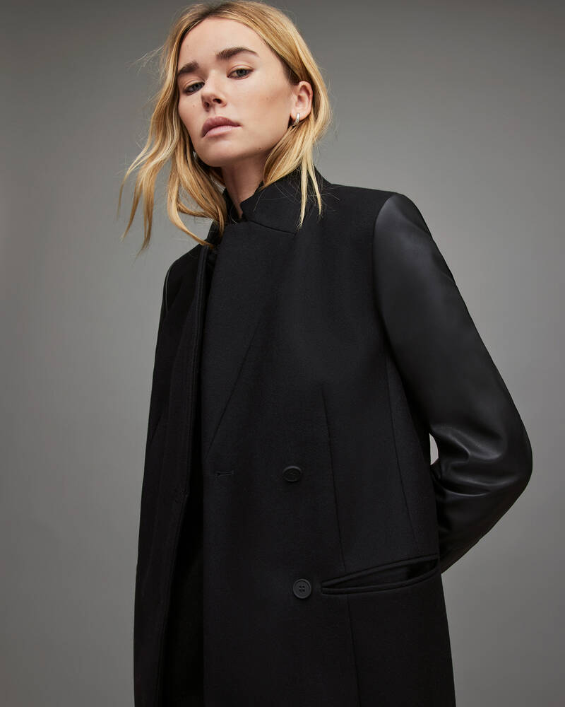 Black Allsaints Sidney Leather Sleeve Coat | WO123X-5