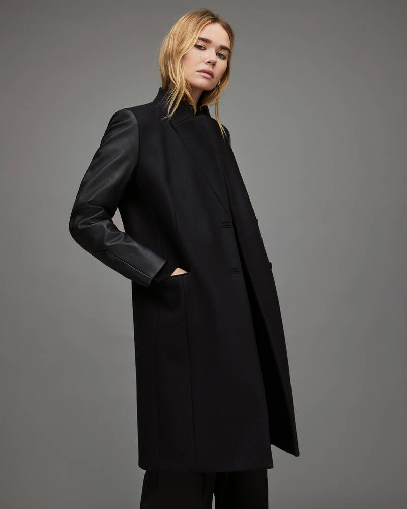 Black Allsaints Sidney Leather Sleeve Coat | WO123X-5