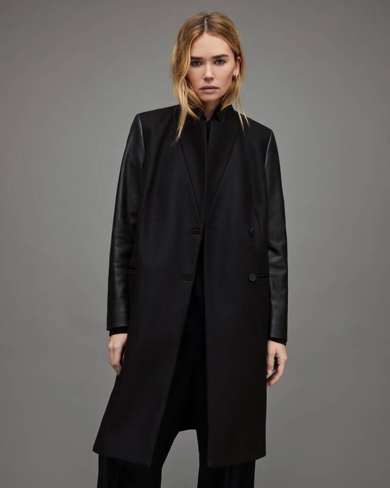 Black Allsaints Sidney Leather Sleeve Coat | WO123X-5