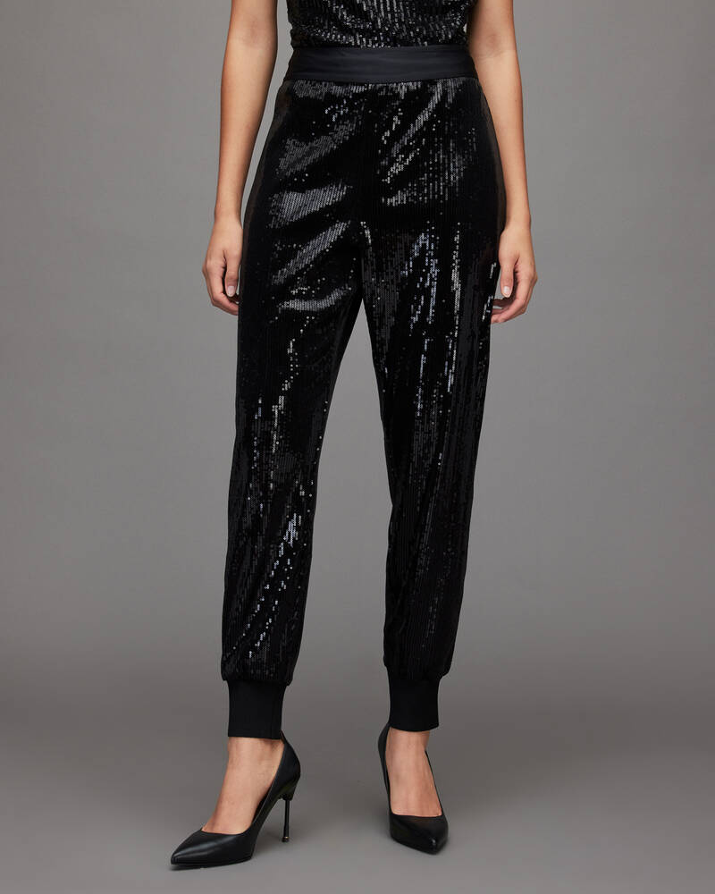 Black Allsaints Soraya High Rise Relaxed Sequin Trousers | WP033X-5