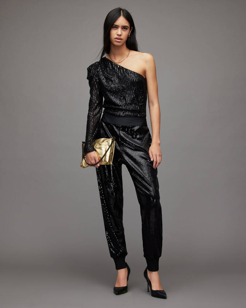 Black Allsaints Soraya High Rise Relaxed Sequin Trousers | WP033X-5