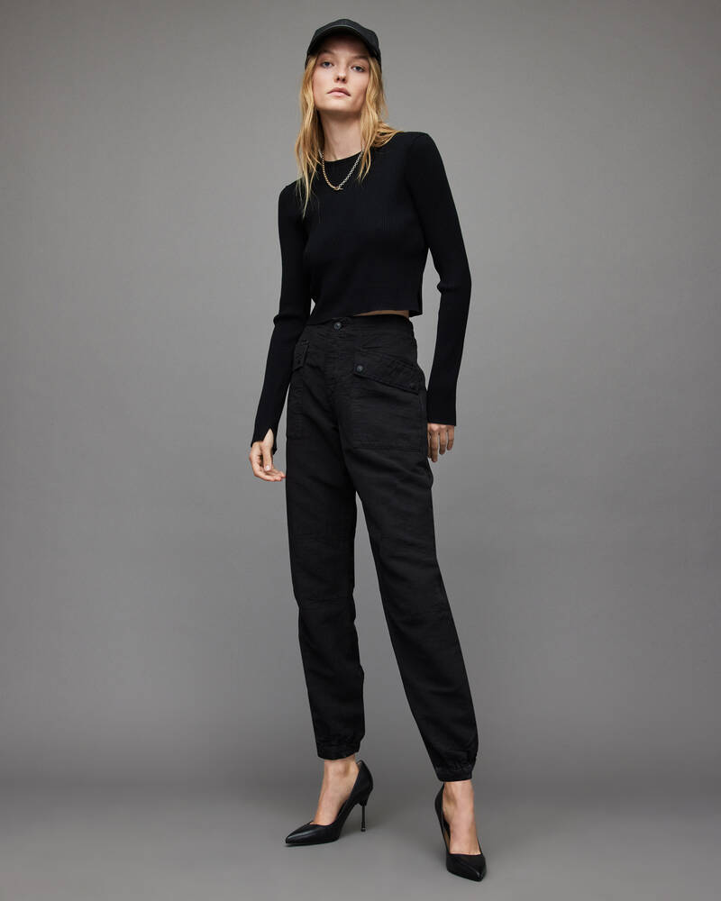 Black Allsaints Val High Rise Linen Blend Trousers | WP017X-5