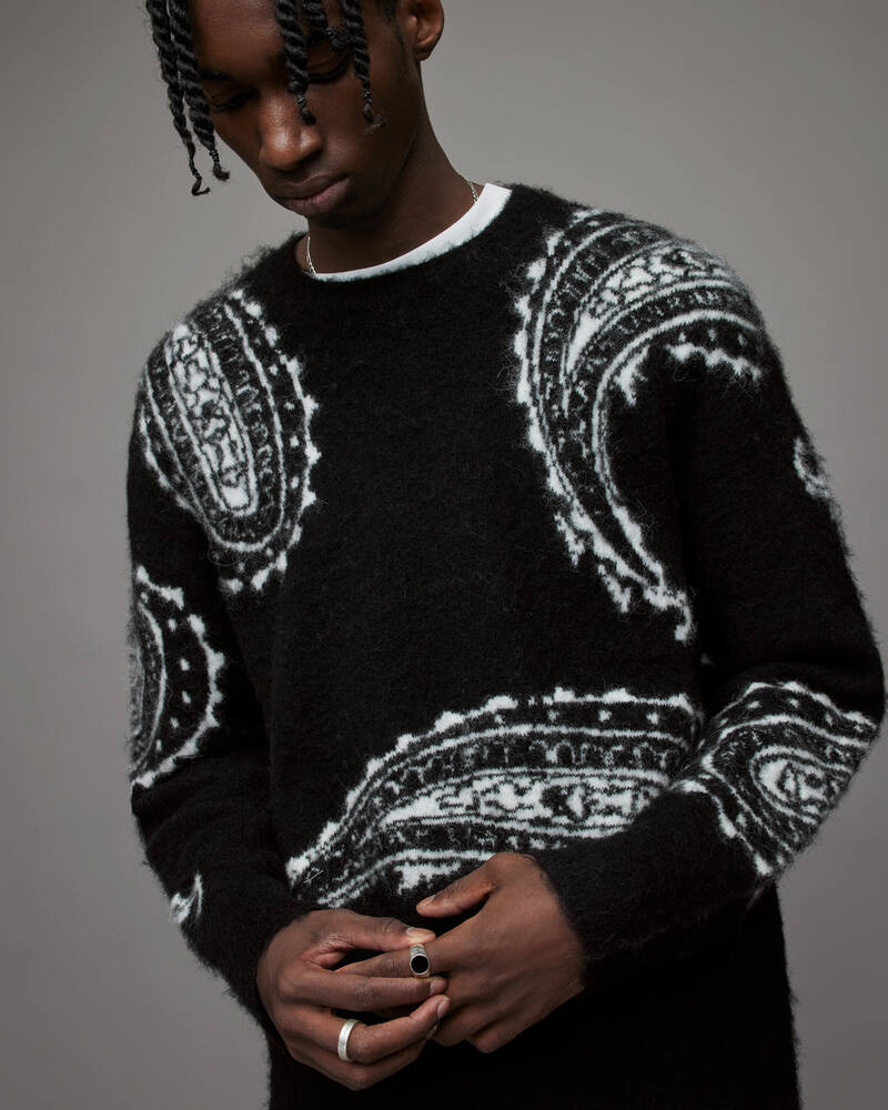 Black Allsaints Woodblock Paisley Crew Jumper | MK107X-5