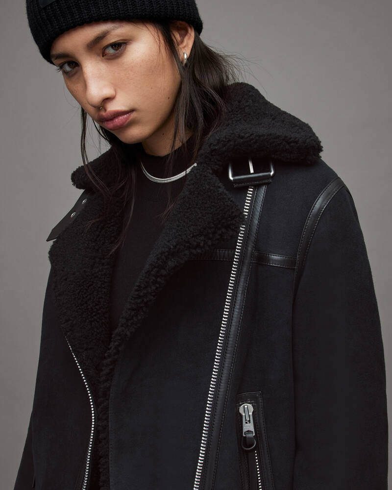 Black/Black Allsaints Rei Shearling Biker Jacket | WL253T-827