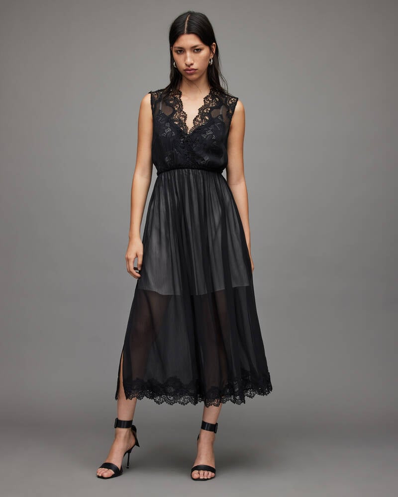 Black/Champagne Allsaints Sara Lace Maxi Dress | WD045X-7950