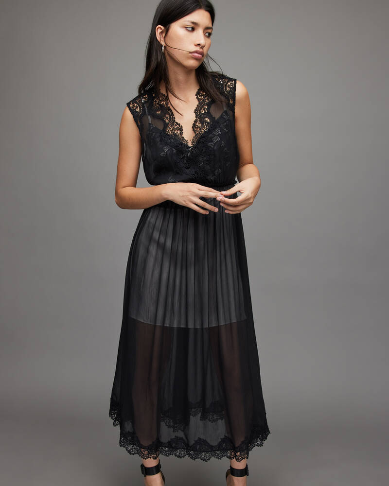 Black/Champagne Allsaints Sara Lace Maxi Dress | WD045X-7950