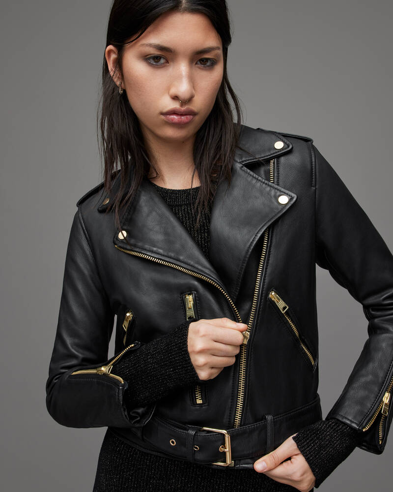 Black/Gold Allsaints Balfern Gold Leather Biker Jacket | WL154W-5108