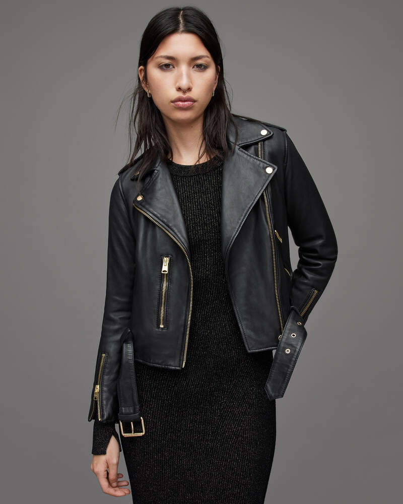 Black/Gold Allsaints Balfern Gold Leather Biker Jacket | WL154W-5108