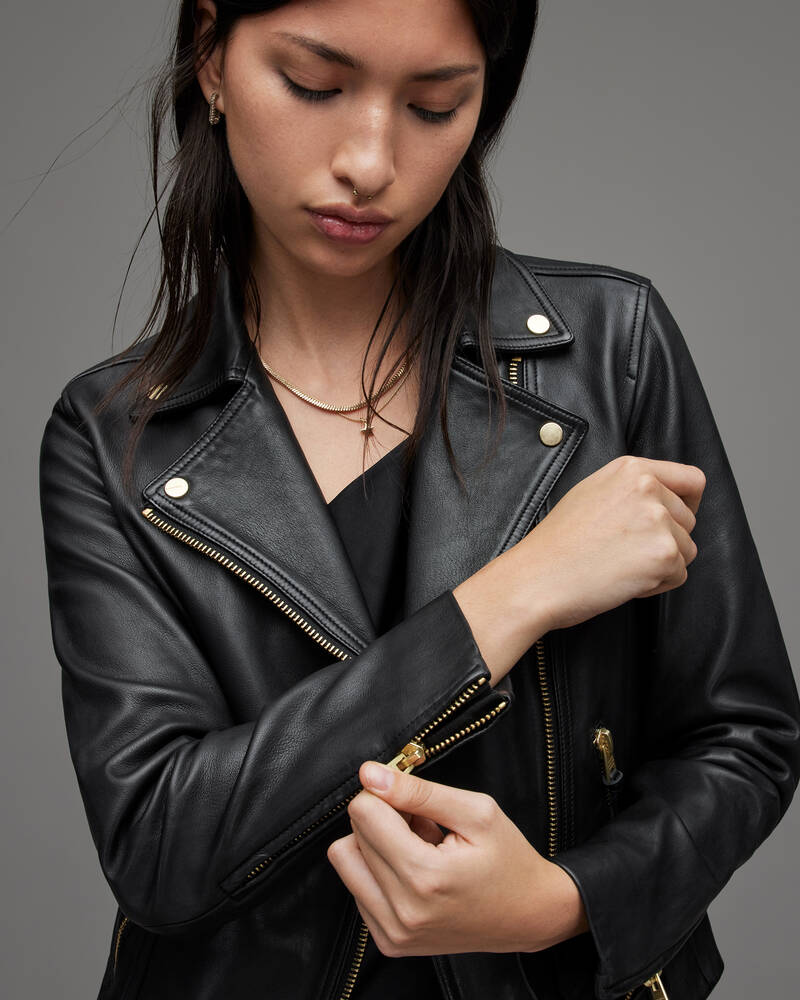 Black/Gold Allsaints Dalby Gold Leather Biker Jacket | WL153W-5108