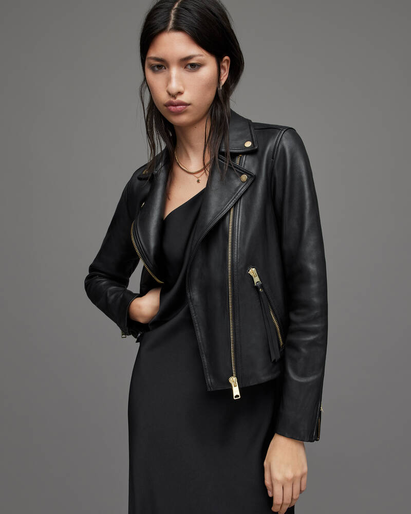 Black/Gold Allsaints Dalby Gold Leather Biker Jacket | WL153W-5108