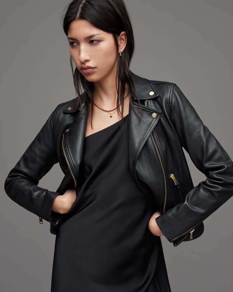 Black/Gold Allsaints Dalby Gold Leather Biker Jacket | WL153W-5108