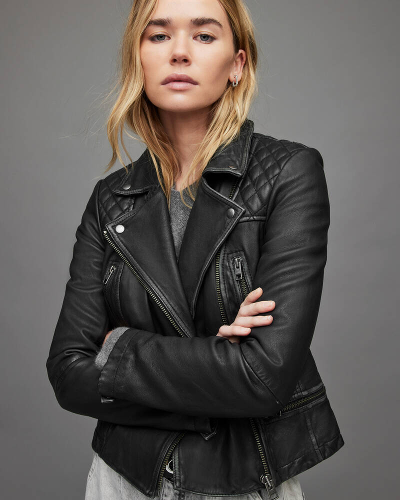 Black/Grey Allsaints Cargo Leather Biker Jacket | WL047C-140