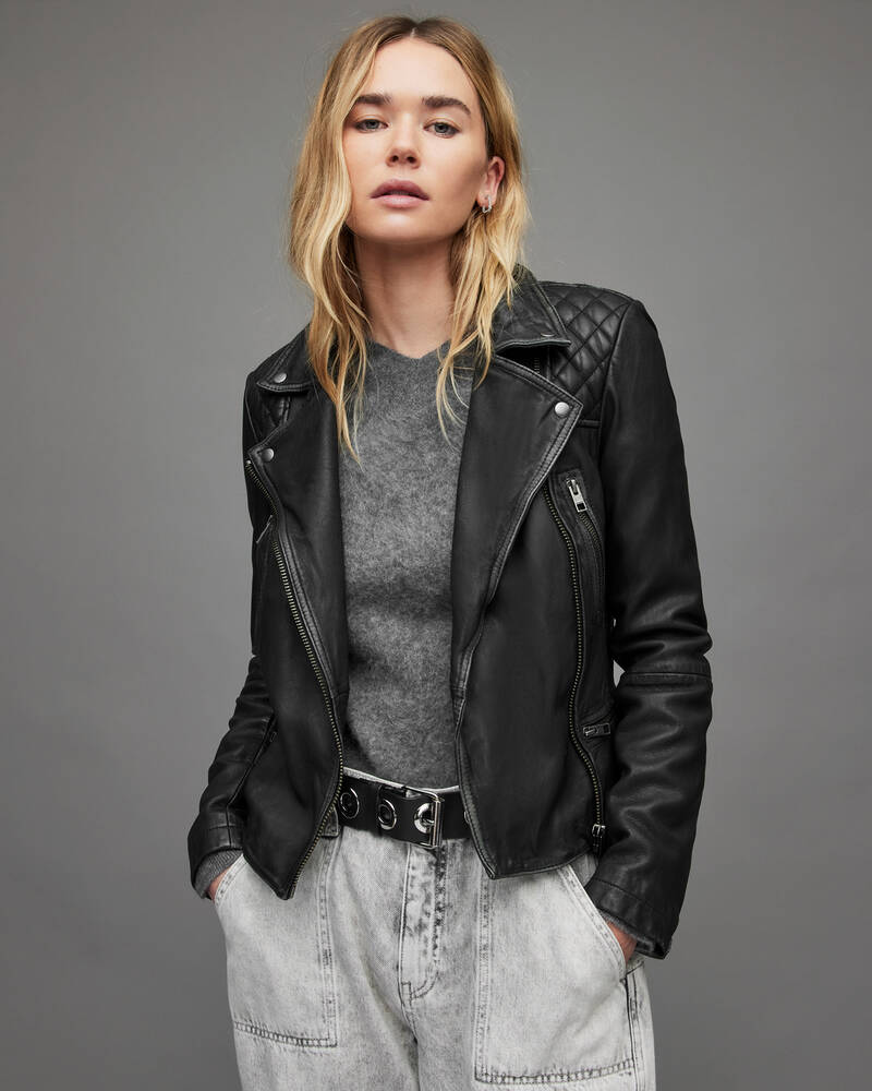 Black/Grey Allsaints Cargo Leather Biker Jacket | WL047C-140