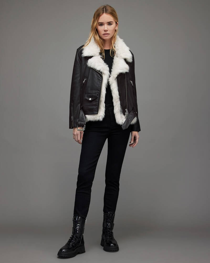 Black/Natural Allsaints Luna 4 In 1 Shearling Biker Jacket | WL086R-2610