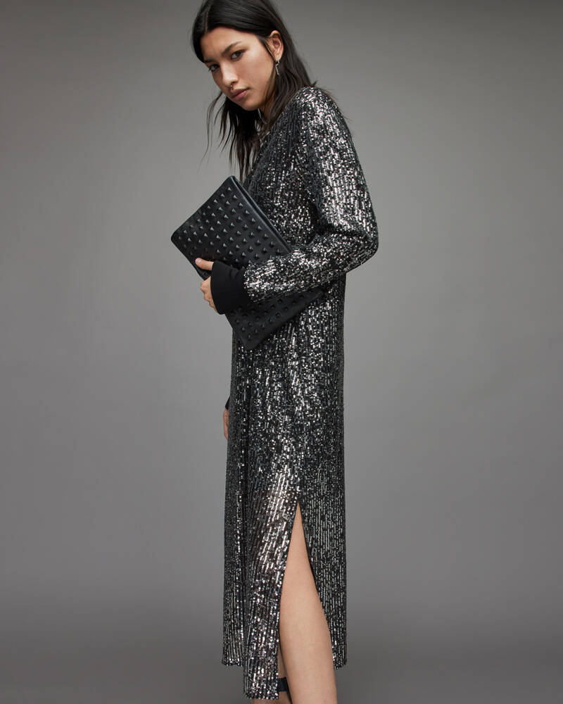 Black/Silver Allsaints Juela Dia Sequin Dress | WD174X-399