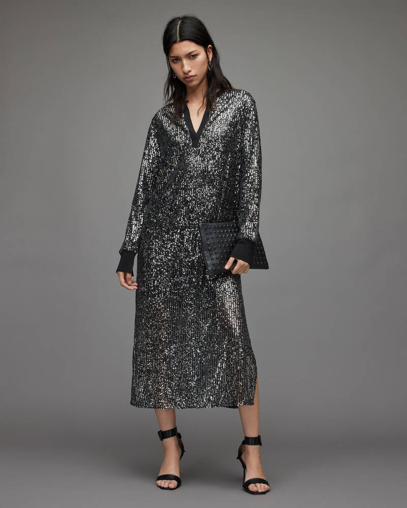 Black/Silver Allsaints Juela Dia Sequin Dress | WD174X-399