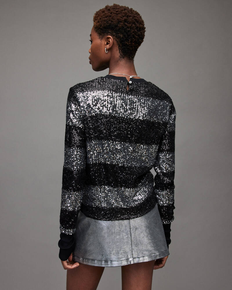 Black/Silver Allsaints Juela Sequin Striped Jumper | WK001X-399