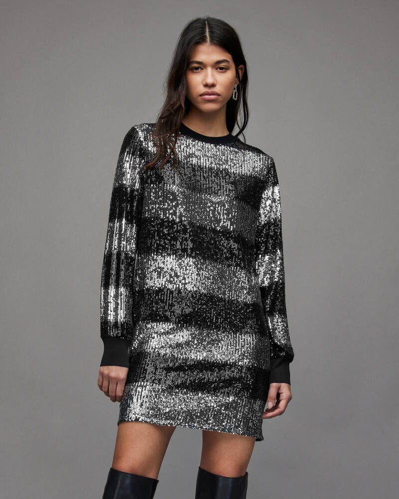 Black/Silver Allsaints Juela Stripe Sequin Mini Dress | WD173X-399