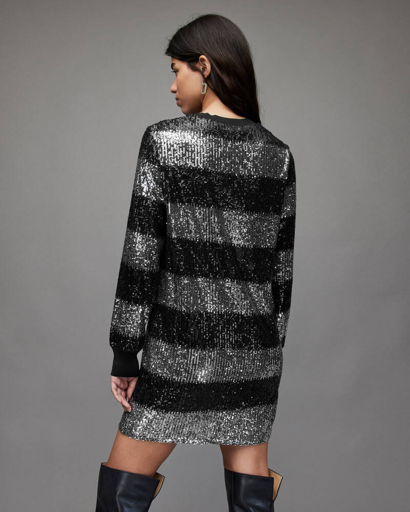 Black/Silver Allsaints Juela Stripe Sequin Mini Dress | WD173X-399