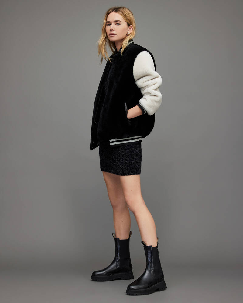 Black/White Allsaints Dinah Shearling Baseball Jacket | WL086X-250