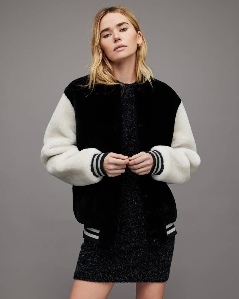 Black/White Allsaints Dinah Shearling Baseball Jacket | WL086X-250