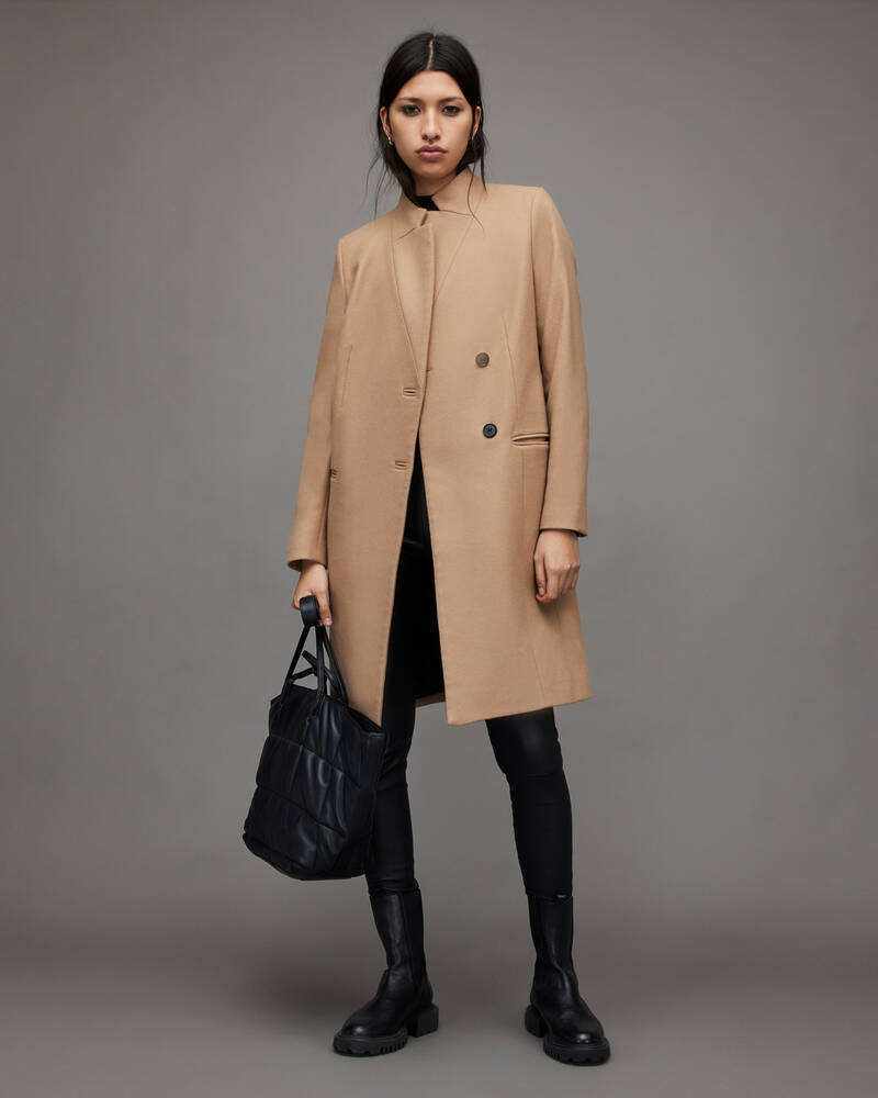 Camel Brown Allsaints Sidney Wool Cashmere Blend Coat | WO040X-30