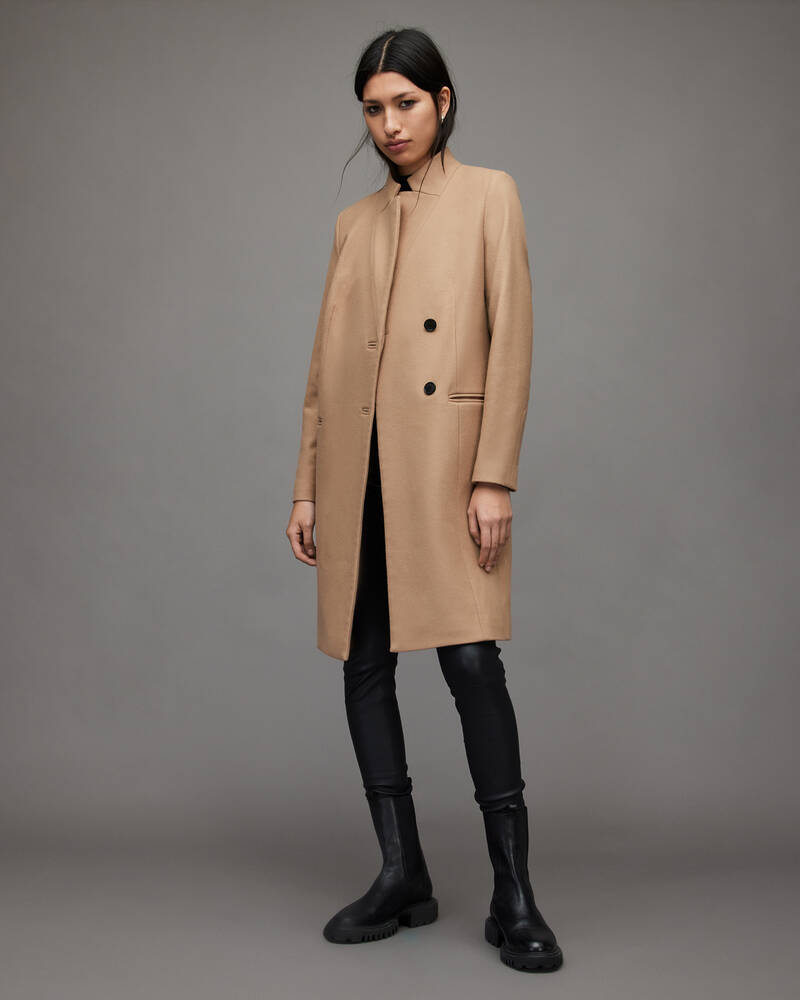 Camel Brown Allsaints Sidney Wool Cashmere Blend Coat | WO040X-30